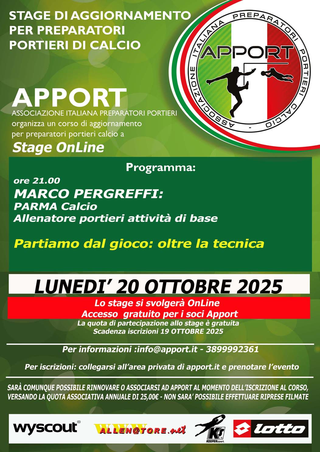 20 Ottobre 2025 - Webinar con Marco Pergreffi All. portieri att. di base Parma Calcio